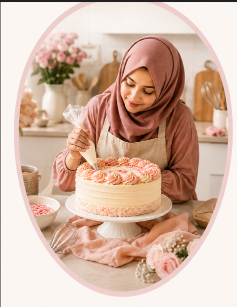 Iqra, the baker, piping pink buttercream rosettes onto a cake in her home kitchen