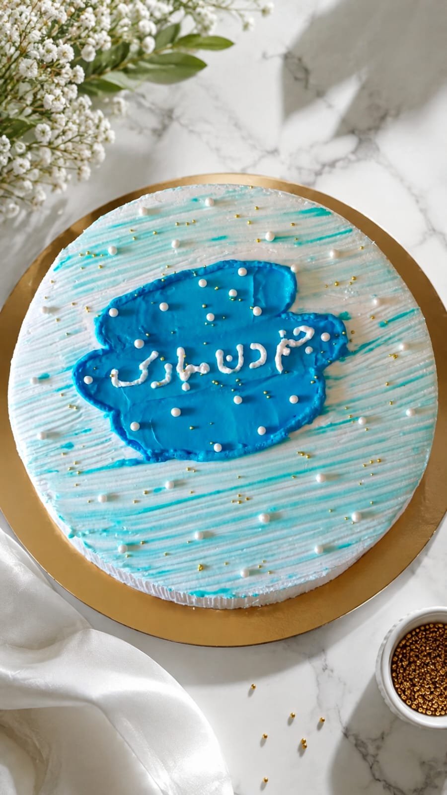 Blue and white buttercream cake hand-piped with an Eid greeting and finished with gold sprinkles